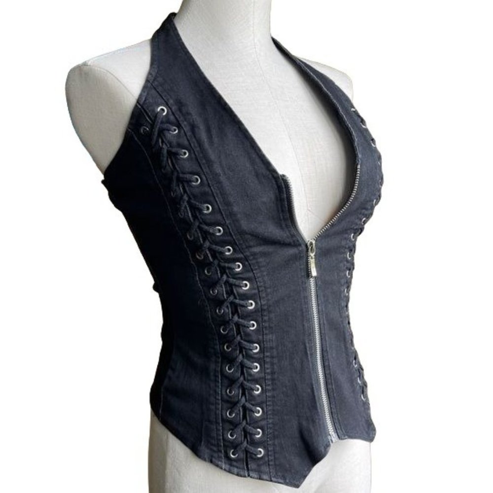 Lydia motorcycle vest Halter Top y2k black denim lace Zip Up Goth Emo Small VTG - Picture 1 of 12